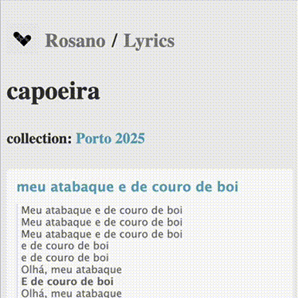 scrolling list of personal capoeira lyrics