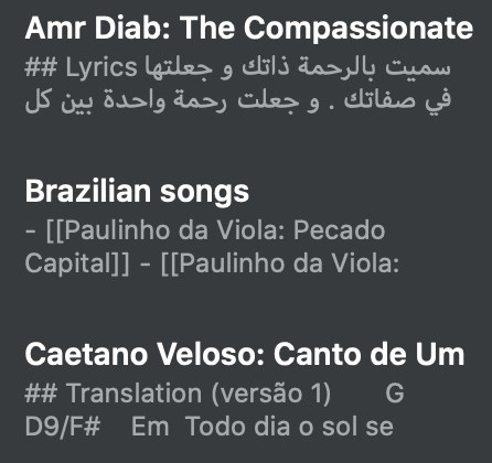 example of lyric notes scatterred in simplenote