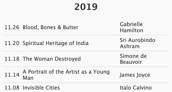 excerpt of list of books I've read in 2019
